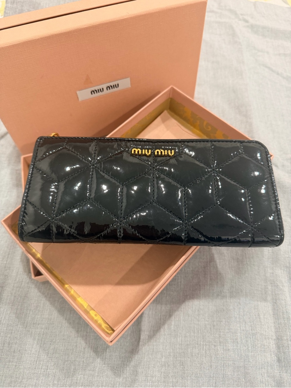 Miu Miu Black Patent Quilted Zip-Around Wallet with Gold Logo